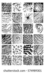 Monochrome hipster prints, backgrounds with linear doodles, scales, diagonal waves, hand drawn graphics made with graphics tablet