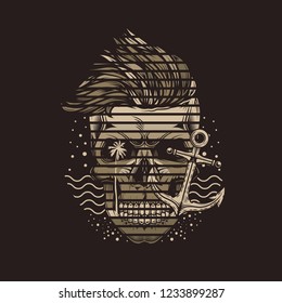 Monochrome hipster skull in marine style with sunset and palm trees. Original vector illustration. T-shirt design