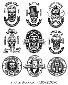 Monochrome hipster style labels vector illustration set. Retro emblems with bearded skulls in glasses for barbershop on white background. Hipster lifestyle concept can be used for retro template