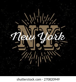 monochrome hipster vintage label, badge, logo  "New York" for poster,  flyer or t-shirt print with monogram and star burst