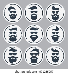 Einfarbige Hüftgelenke mit verschiedenen Bärten, Brillen, Haarschnitten, Schnurrbart. Silhouetten, Avatare, Etiketten Vektorgrafik