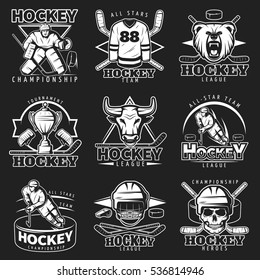 Monochrome hockey labels set isolated white on dark background with skull in helmet caman and puck vector illustration