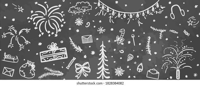 Monochrome holiday background. Hand drawn xmas elements. Abstract signs and objects on chalkboard