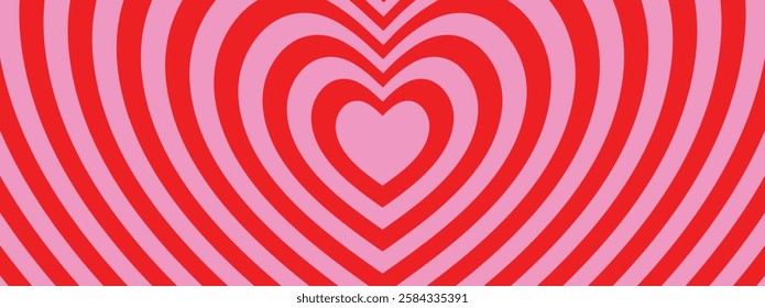 Monochrome horizontal background featuring a heart-shaped tunnel. A rainbow-inspired romantic pattern in shades of pink and red. Trendy vector illustration in a retro 60s and 70s style."