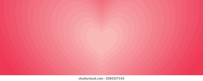 Monochrome horizontal background featuring a heart-shaped tunnel. A rainbow-inspired romantic pattern in shades of pink. Trendy vector illustration in a retro 60s and 70s style.