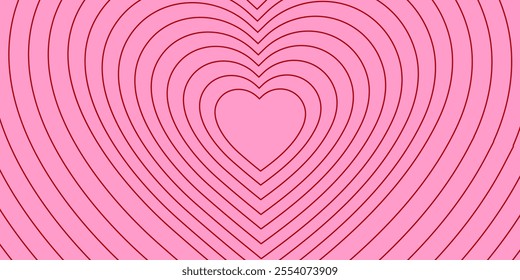  Monochrome horizontal background of linear heart shaped tunnel. Aesthetic romantic pattern. Pink and red colors. Trendy vector illustration in style retro
