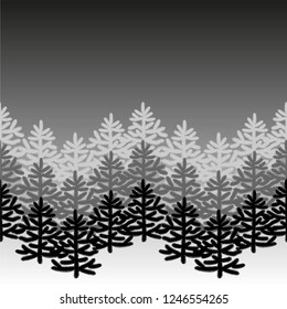 Monochrome horizontal border with Christmas trees on gradient background. For New Year design, Christmas greeting card mockup, wrapping paper, page, interior fabrics, textile.