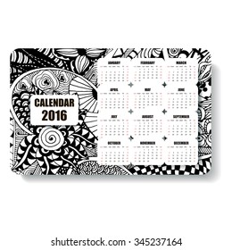monochrome horizontal calendar 2016 hand painted in the style of floral zentangle and Doodle