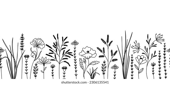 Monochrome horizontal seamless floral border on a white background. Black contour silhouettes of grass, hand-drawn sketch of flowers. Botanical border, vector illustration. Seamless repeat pattern.