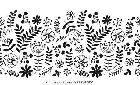 Monochrome horizontal seamless floral border on a white background. Black contour silhouettes of flowers and leaves. Hand-drawn botanical border. Vector illustration. Seamless repeat pattern.