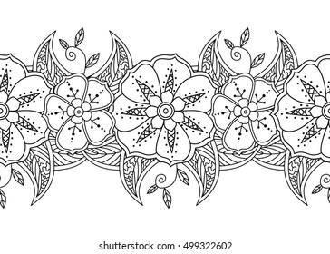 Monochrome horizontal seamless floral border isolated on white background.  Black / white zentangle hand drawn doodle style. Coloring book for adult and children. Editable vector illustration.