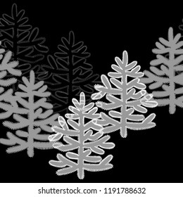 Monochrome horizontal seamless pattern with Christmas trees on black background. For New Year design, Christmas greeting card mockup, clip art, wrapping paper, textile.