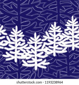 Monochrome horizontal seamless pattern with Christmas trees on blue background. For New Year design, Christmas greeting card mockup wrapping paper,page,fabrics, textile.