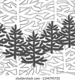 Monochrome horizontal seamless pattern with Christmas trees on white background. For New Year design, Christmas greeting card mockup wrapping paper,page, interior fabrics, textile.
