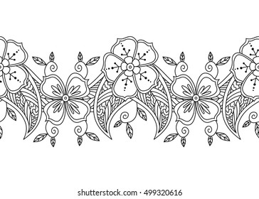 Monochrome horizontal seamless pattern floral border isolated on white.  Black / white zentangle hand drawn doodle style. Coloring book for adult and children. Editable vector illustration.