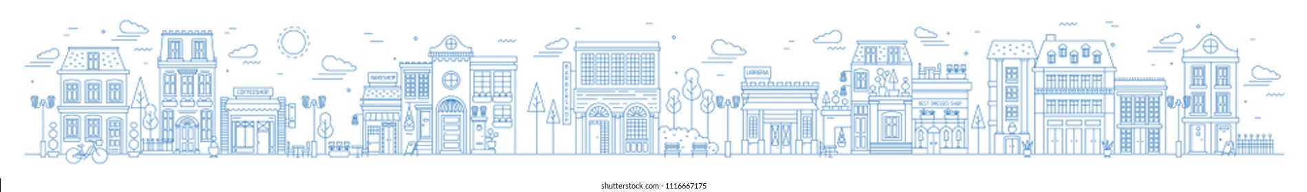 Monochrome horizontal urban landscape with city or town street or district. Cityscape with living houses and shops drawn with contour lines on white background. Vector illustration in lineart style.