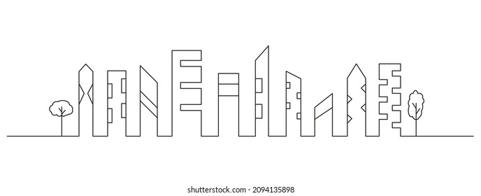 Monochrome horizontal urban landscape. Editable stroke. Cityscape with buildings drawn with contour lines on white background. Vector illustration in lineart style. 