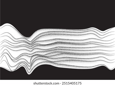Monochrome horizontal waveform abstraction,
halftone grunge grain pattern background. black noise dots wavy surface. 