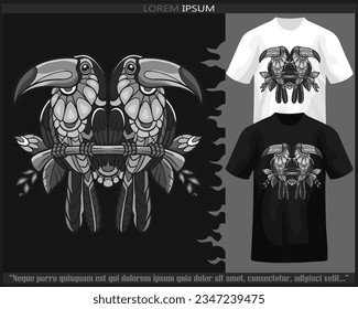 Artes de mandala de ave monocroma Hornbill aisladas en camisetas blancas y negras.