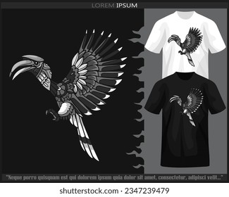 Artes de mandala de ave monocroma Hornbill aisladas en camisetas blancas y negras.