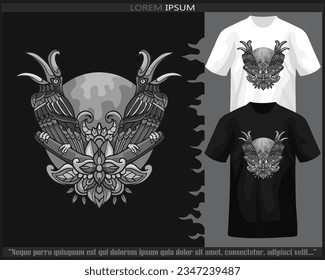 Artes de mandala de ave monocroma Hornbill aisladas en camisetas blancas y negras.