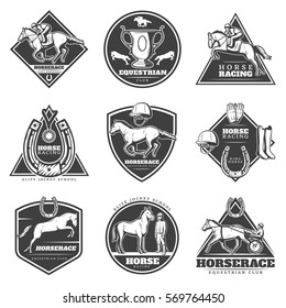 Monochrome horse racing labels set with jockeys riding stallions and rider equipment isolated vector illustration