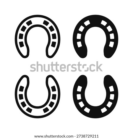 Monochrome horseshoe icon set in both black and white styles. The clean, minimalist design is perfect for logos, lucky charm graphics, equestrian-themed designs, simple symbol illustrations, and more.