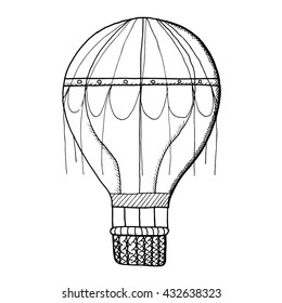 Monochrome hot Air Balloon. Hand Drawn Vector illustration. Aerostat in sketch style.