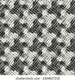 Monochrome Houndstooth Grain Stroke Textured Distressed Background. Seamless Pattern.