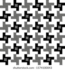 Monochrome houndstooth pattern exaggerated geo repeat motif black and white template. Trendy print block for patchwork fabric, apparel textile, silk scarf, decoupage paper, interior wallpaper, package