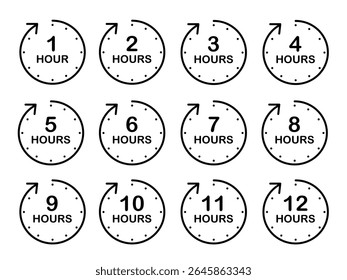 Monochrome hourly countdown icons from 1 to 12 hours for digital planners and printable time trackers, Icon Set