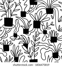 Monochrome house plants seamless pattern in hand-drawn style. Ethnic natural repeated texture for fabric design. Home flowers illustration.