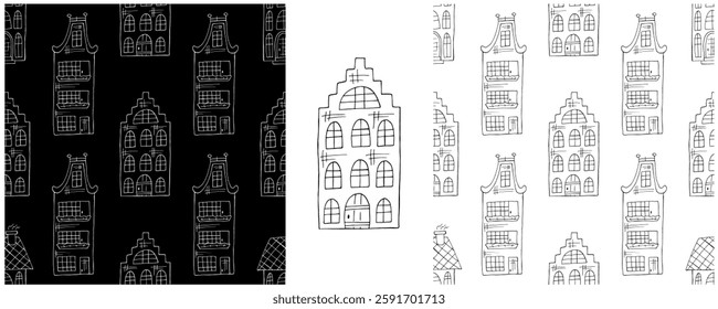 Monochrome houses. Set city seamless patterns