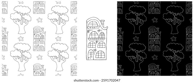 Monochrome houses. Set city seamless patterns