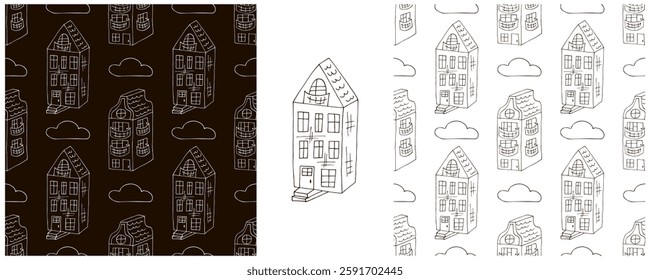 Monochrome houses. Set city seamless patterns