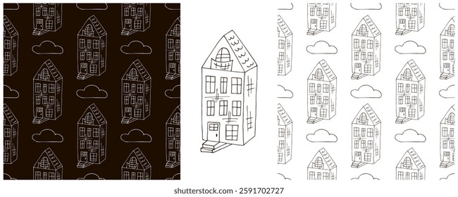 Monochrome houses. Set city seamless patterns
