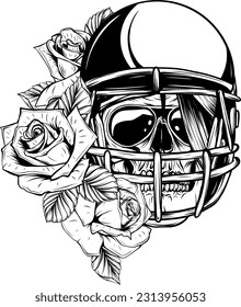 monochrome human skull with helmet fottball and rose flowers isolated vector illustration