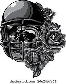 monochrome human skull with helmet fottball and rose flowers isolated vector illustration