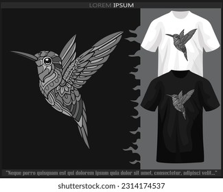 Monochrome humming bird mandala arts isolated on black and white t shirt.