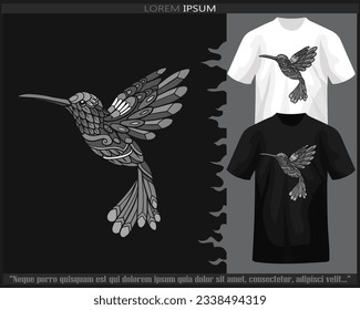 Monochrome Humming bird mandala arts isolated on black and white t shirt.