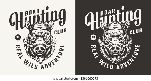 Monochrome hunting club logotype with angry boar head in vintage style isolated vector illustration