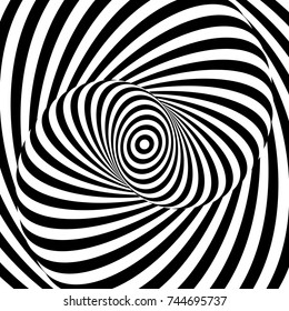 Monochrome hypnotic psychedelic spiral. Modern vector illustration with optical illusion. Twisted striped round shape. Magical decorative background. Element of design.