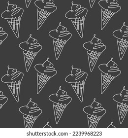 Monochrome ice cream cone line icon seamless pattern vector. Trendy linear backdrop. Outline continuous illustration. Wallpaper, background, fabric, textile, print, wrapping paper or package design.