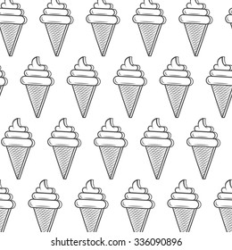 Monochrome Ice Cream Cone Seamless Pattern. Template for packaging paper, cafe, background or your design.