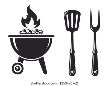 Monochrome Icon BBQ. Grill with fork and spatula, barbecue tools. Vector illustration, isolated on white background. Simple shape for design logo, emblem, symbol, sign, badge, label, stamp.