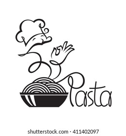 monochrome icon of chef and dish with pasta