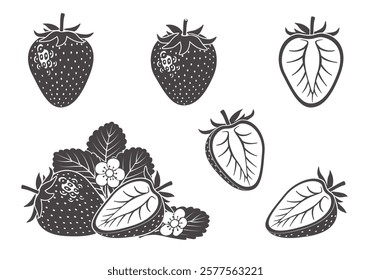 A monochrome icon collection of a variety of strawberries, including whole strawberries and cut strawberries