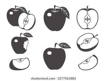 A monochrome icon collection of various apples, including whole apples and cut apples