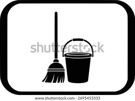 Monochrome icon featuring a broom and bucket, symbolizing cleaning tools, in a minimalist design style.