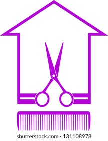monochrome icon with house silhouette, scissors and comb on white background